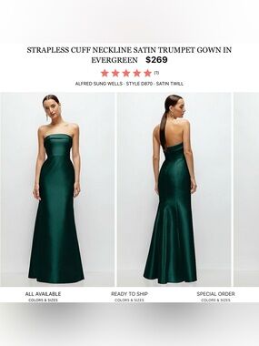 ALFRED SUNG Evergreen Strapless Satin Trumpet Gown